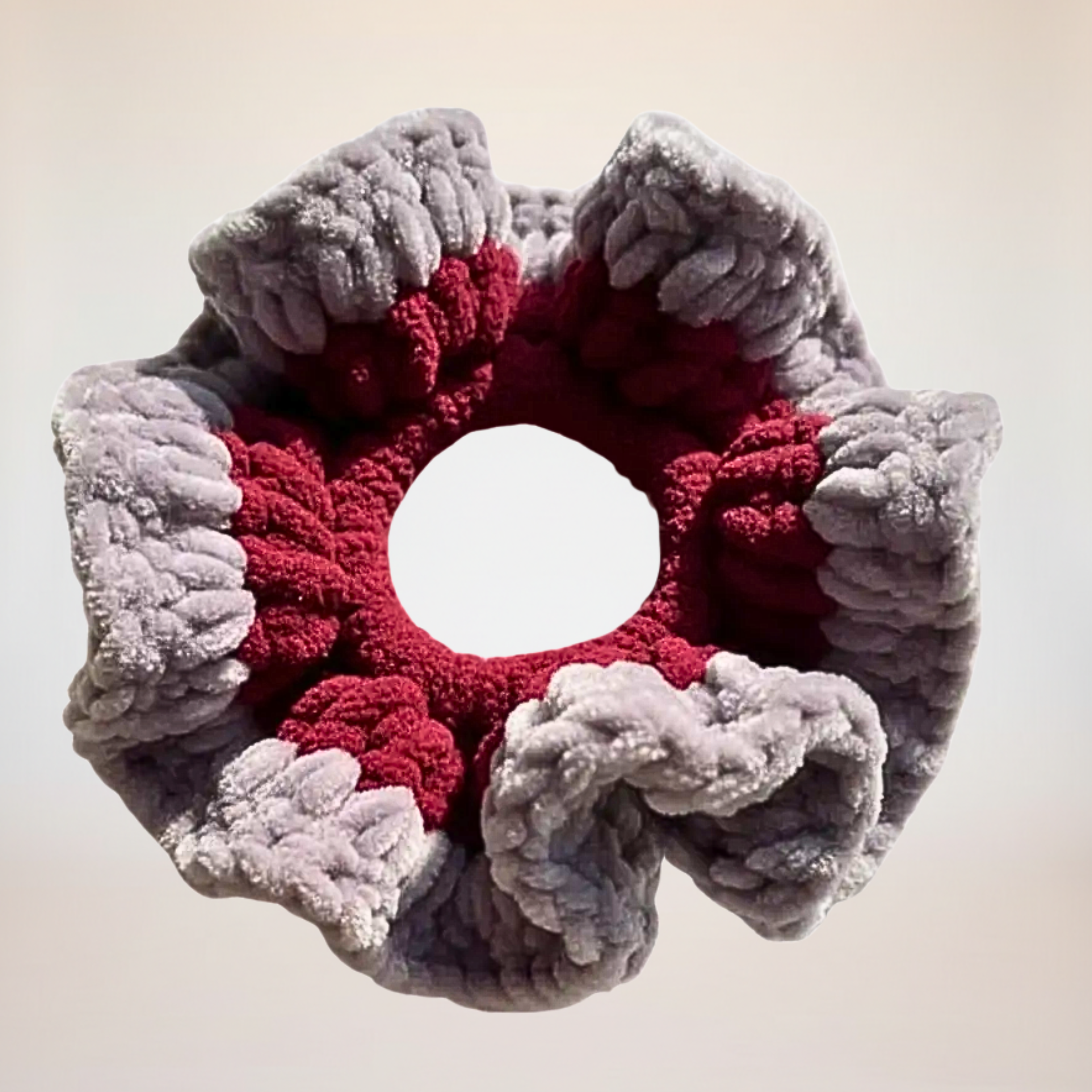 Large Silver Scrunchie with Maroon Velvet Trim - Handmade Chunky Plush Hair Tie