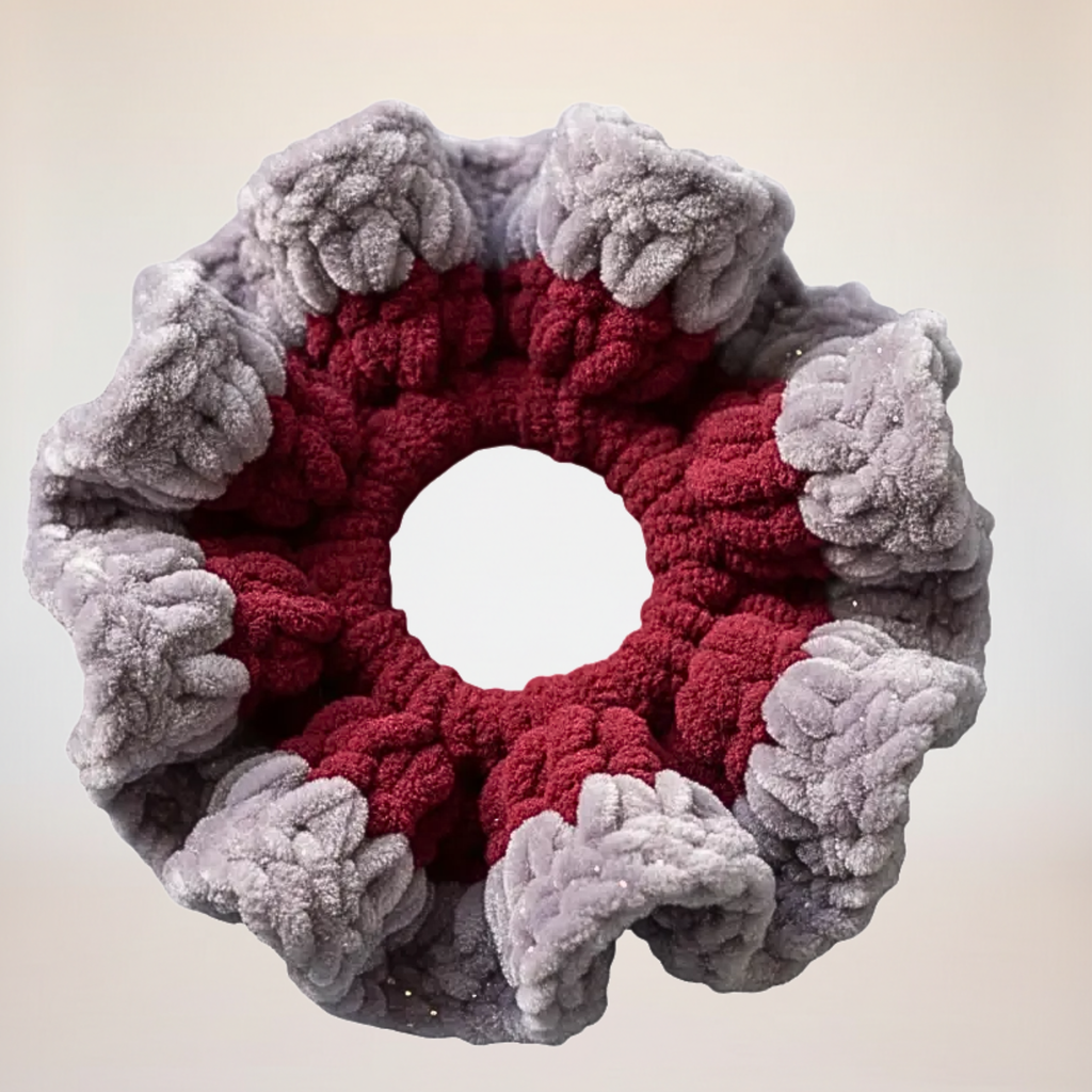 Large Silver Scrunchie with Maroon Velvet Trim - Handmade Chunky Plush Hair Tie