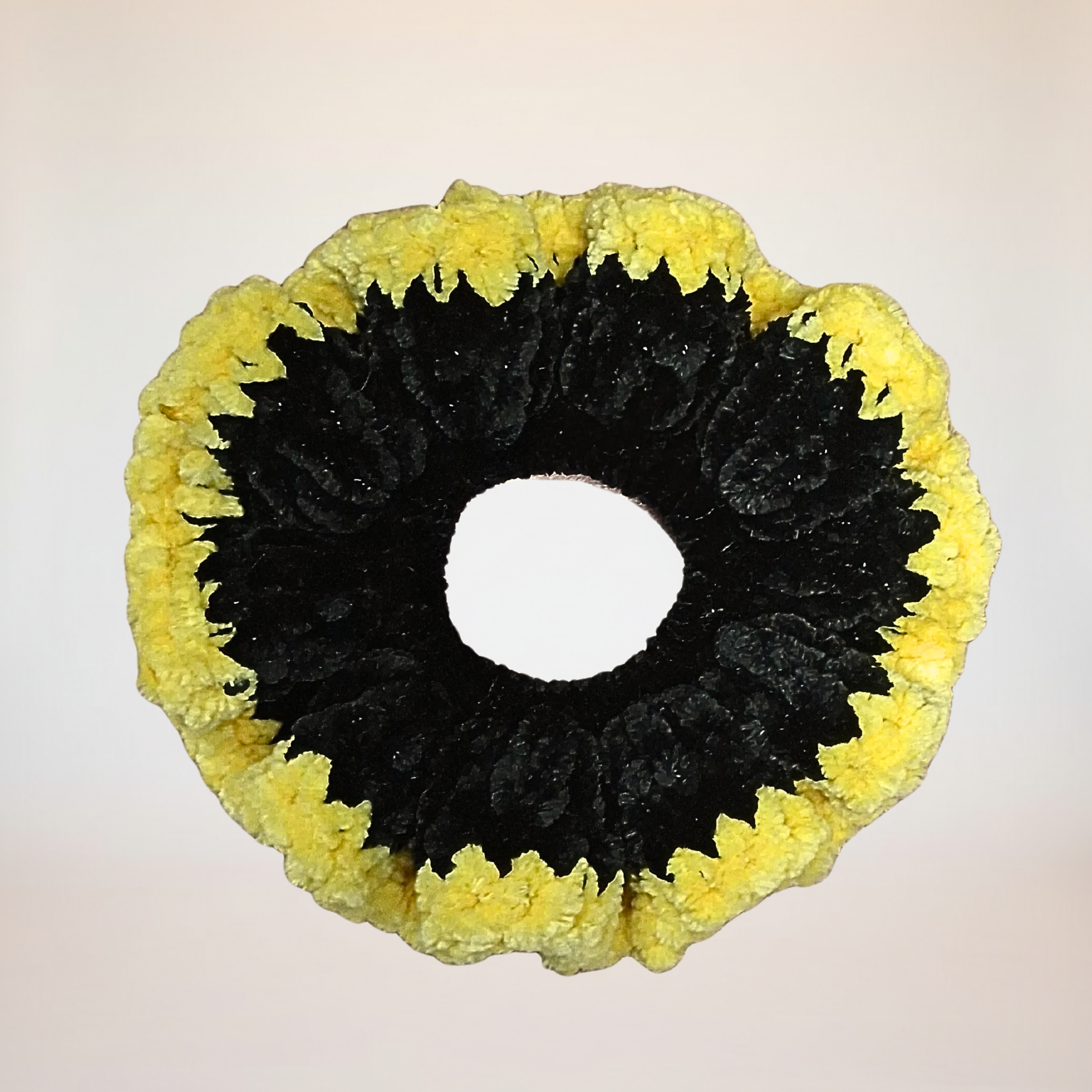 Black Velvet Scrunchie with Yellow Trim - Handmade Crochet Hair Tie