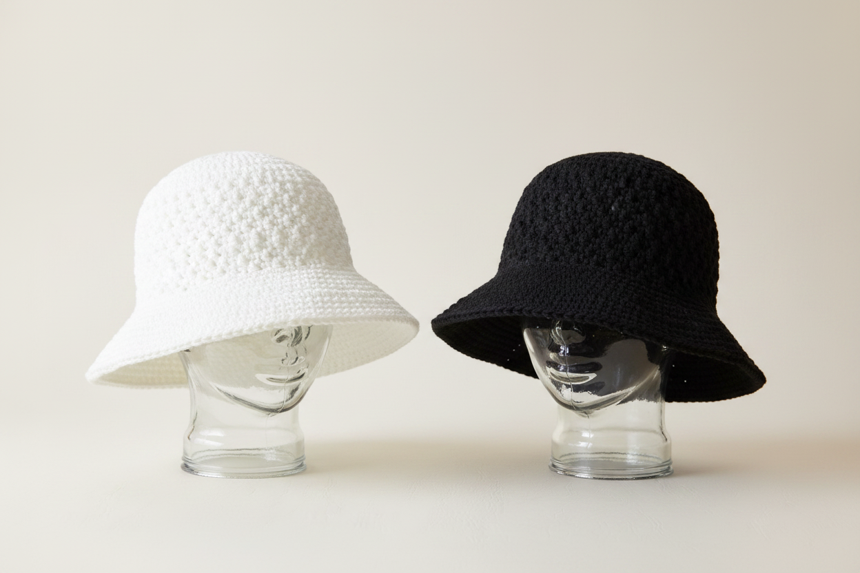 White & Black Crochet Bucket Hats Side by Side