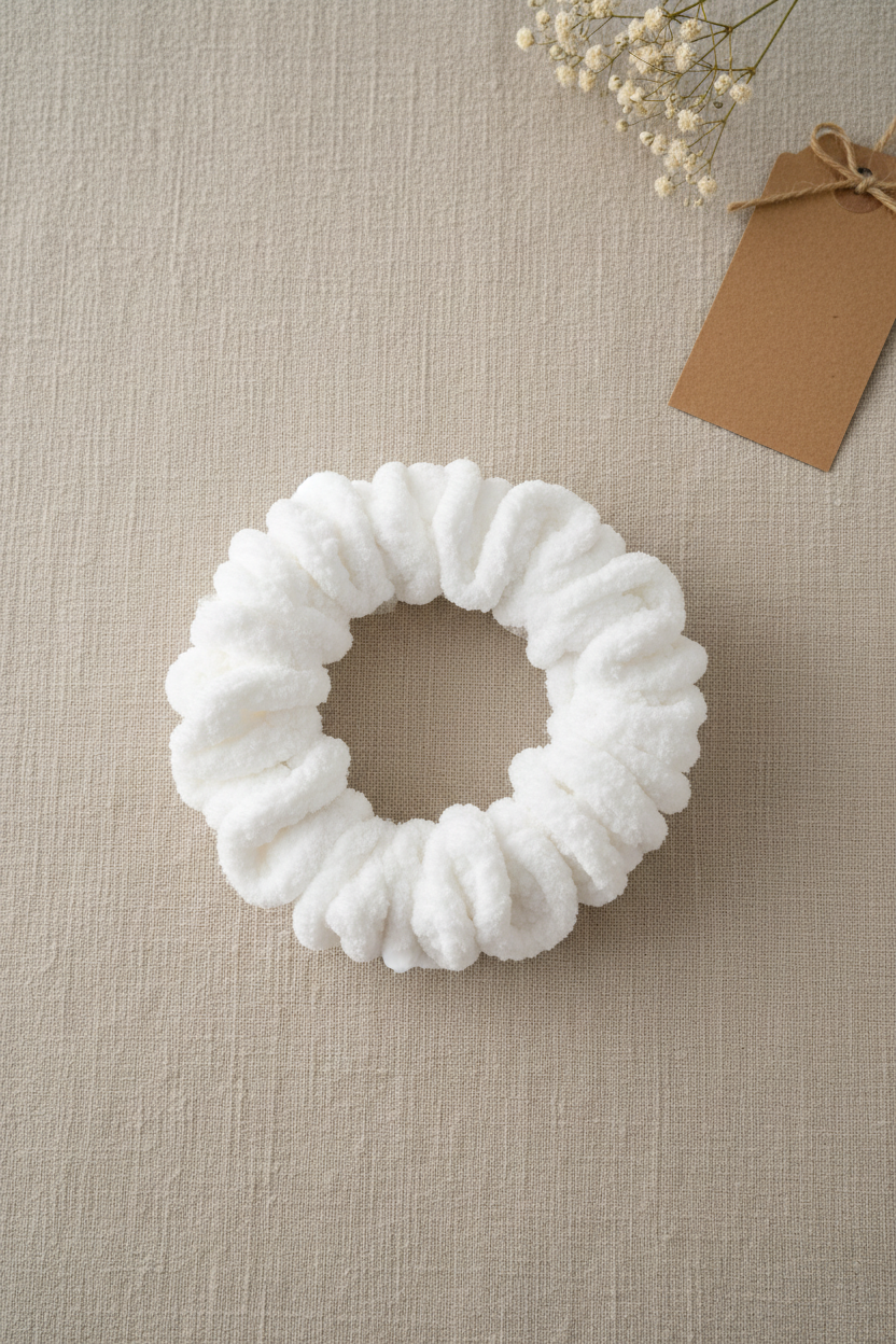 White Crochet Hair Tie - Overhead Flat Lay